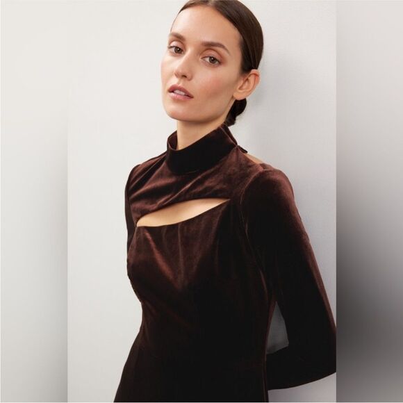 Rene Ruiz Collection Chocolate Brown Velvet Cut Out Midi Dress Long Sleeve Sz. 6 - Picture 5 of 13